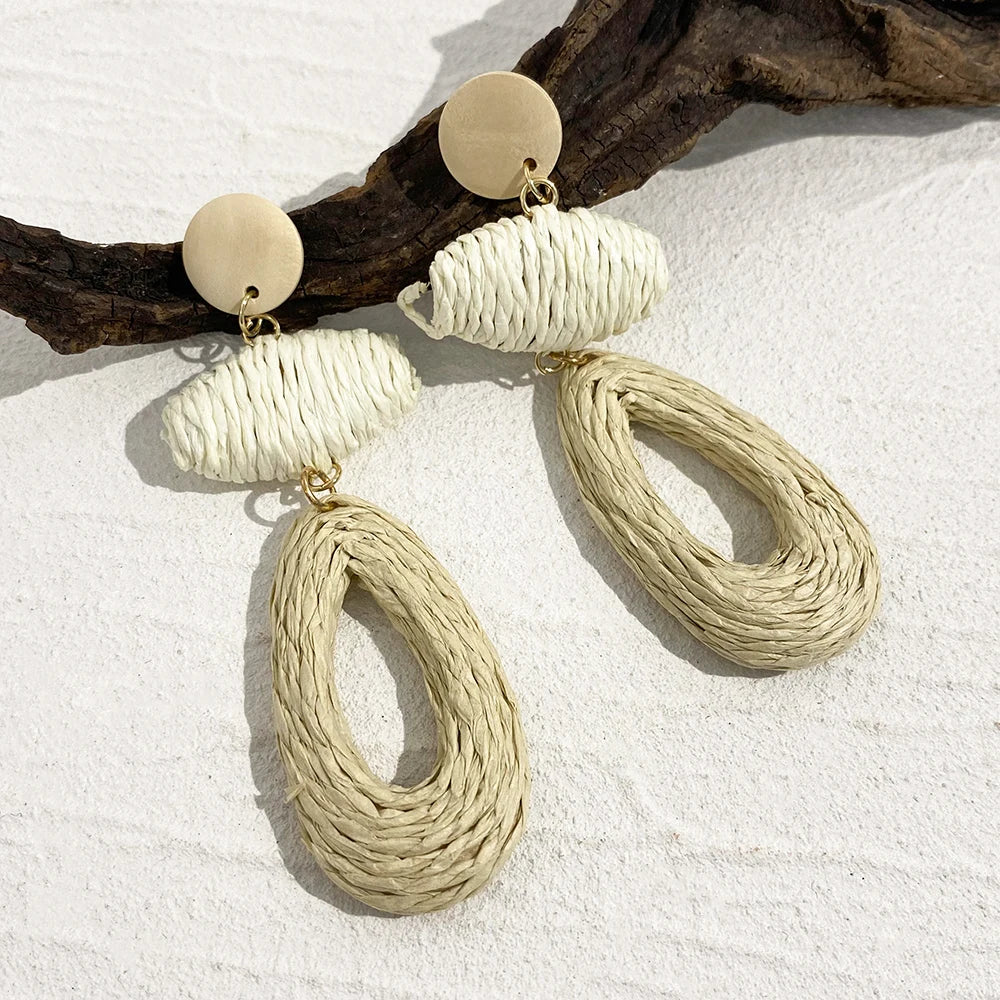 Lifefontier Handmade Woven Raffia Geometric Drop Earrings For Women Oversize Flower Beach Dangle Earring Jewelry Wholesale 2023