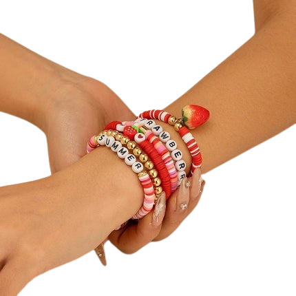 Hemasa Sweet Strawberry Pendant with Polymer clay   Beads Adjustable  Bracelets Set for Women