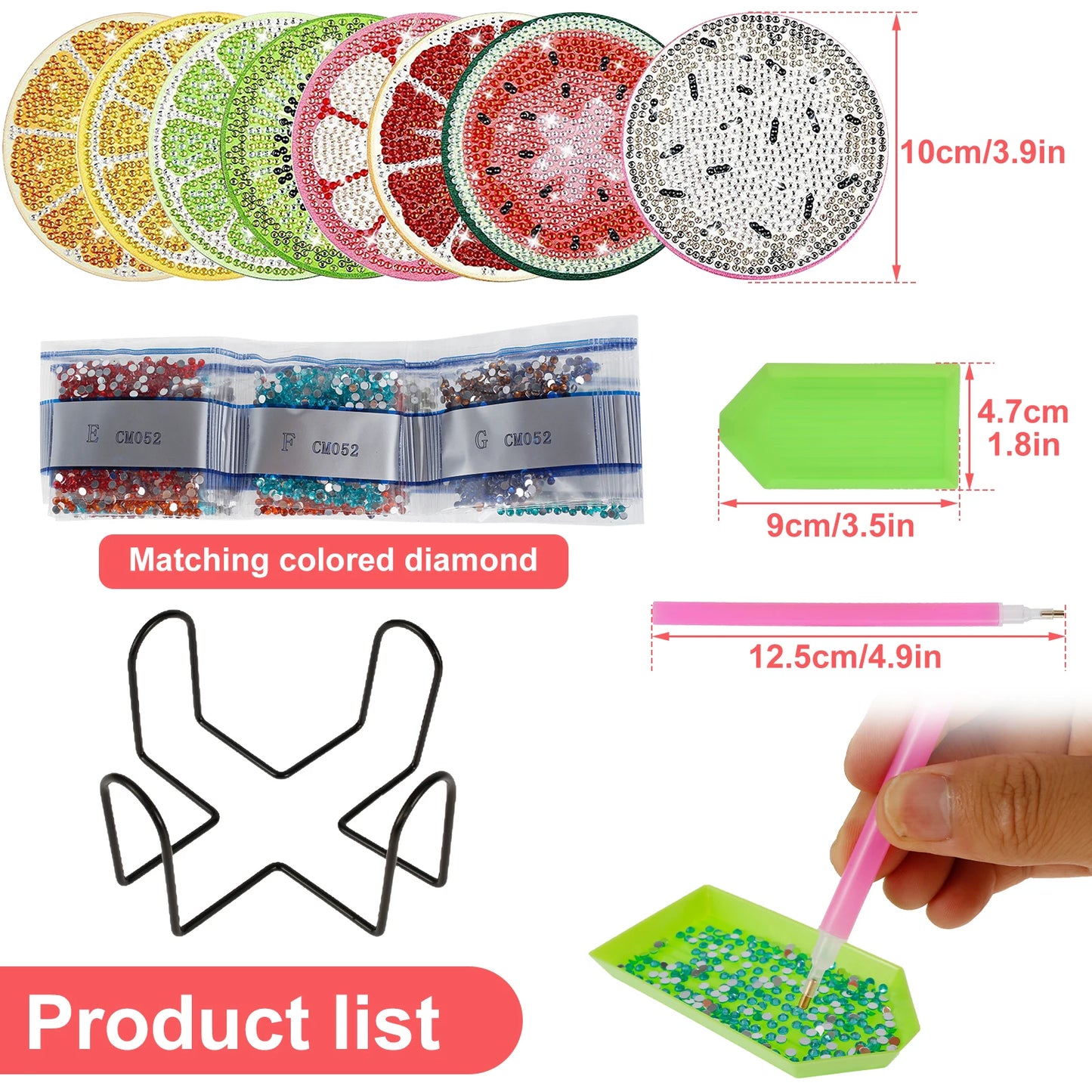 13Pcs Diamond Painting Coasters Kit Decorative Fruit Pattern Art Cup Coaster with Holder Round Small Tabletop Protection Coaster
