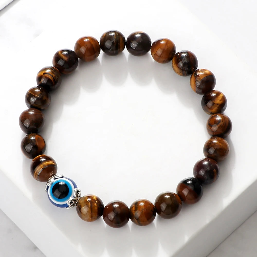 8mm White Cat Eye Stone Beads Evil eye Bracelet Men Tiger Eye Black Beads Turkish style Strand Bracelet For Women female Jewelry