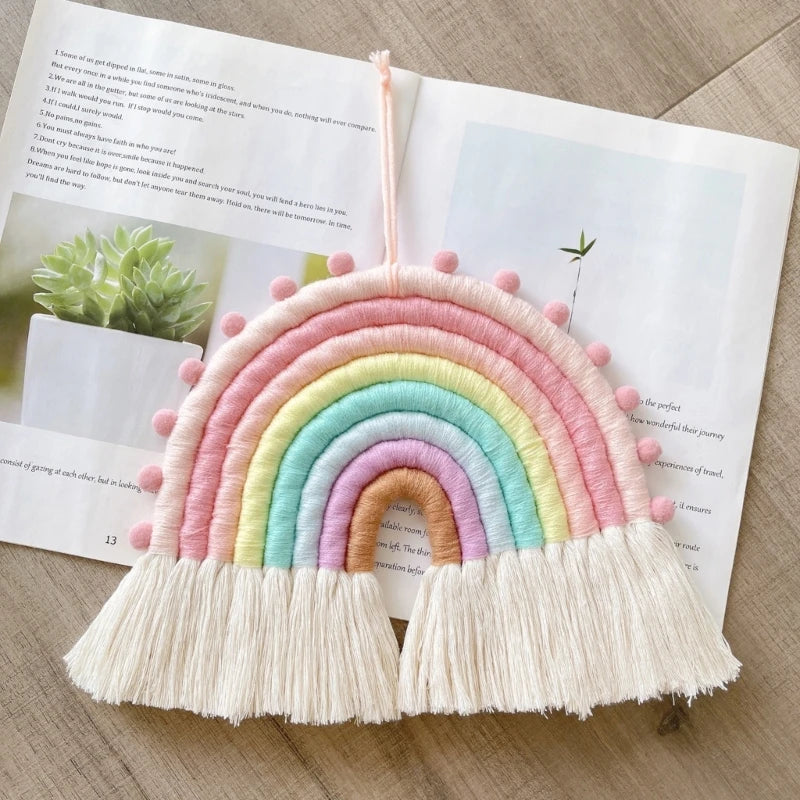Rainbow Wall Hanging Ornaments 8 Lines Macrame Tapestries Woven Rainbow with Tassels for Nursery Room Home Decorations