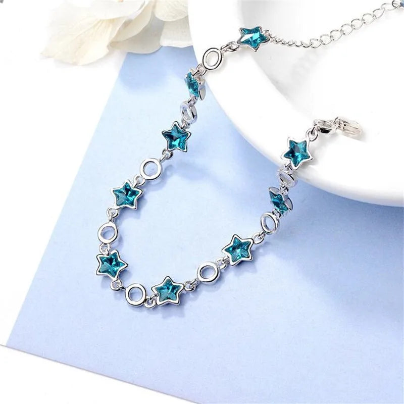925 Sterling Silver Rhinestone Stars Charm Bracelets &Bangle For Women Girl Fine Jewelry Student Present XB109