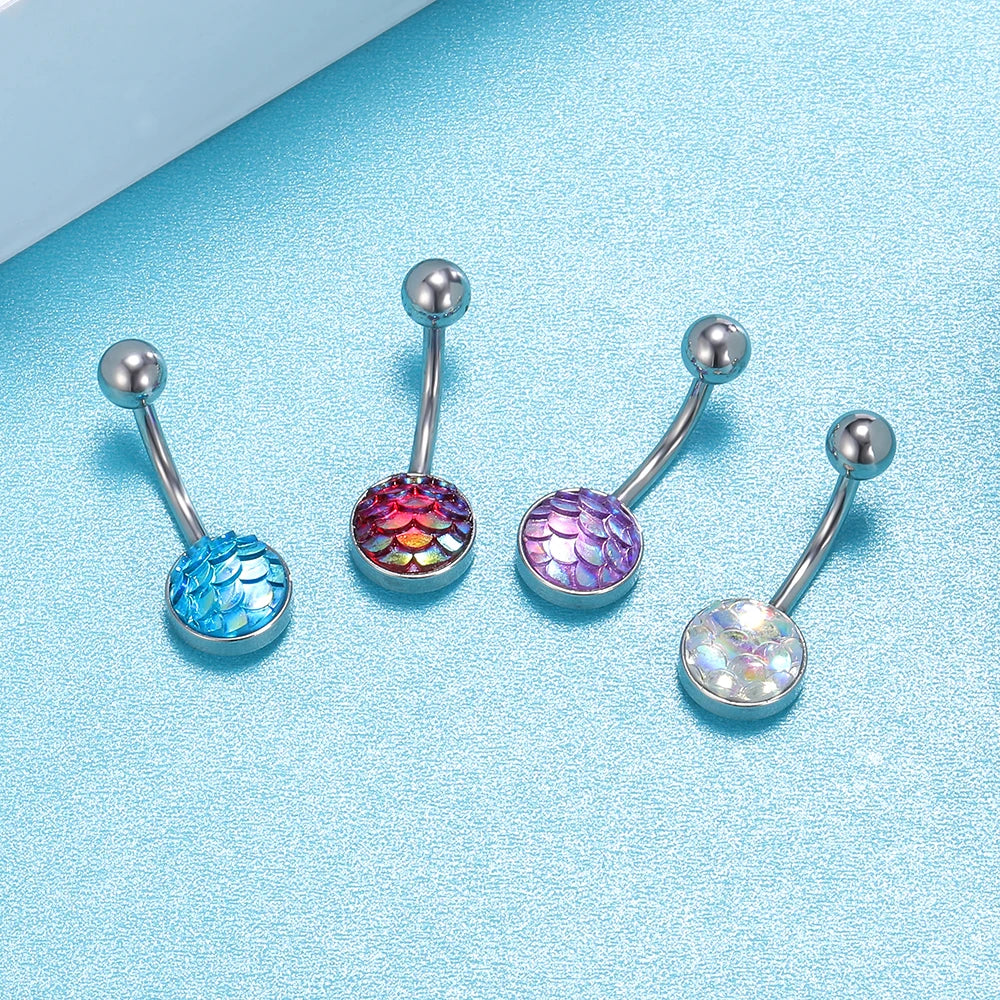 AOEDJ 18G Fish Scales Belly Piercings Shell Pattern Navel Piercing Ring Colorful Belly Button Ring Women Body Piercing Jewelry