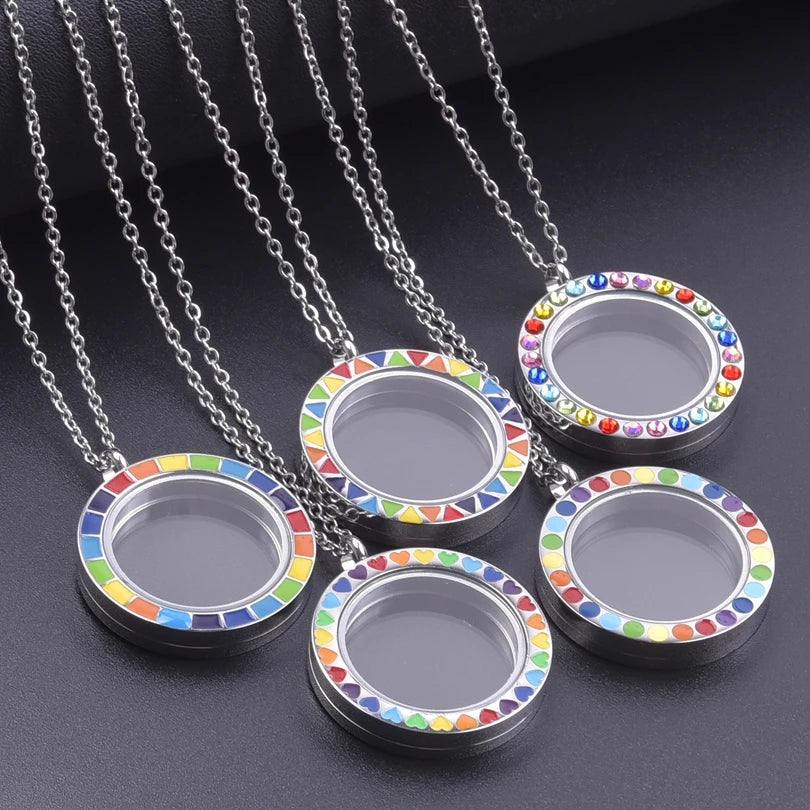 Stainless Steel Necklace for Women Glass Floating Locket Bohemia Colorful Medallion Relicario Photo Collar Long Chain Jewelry