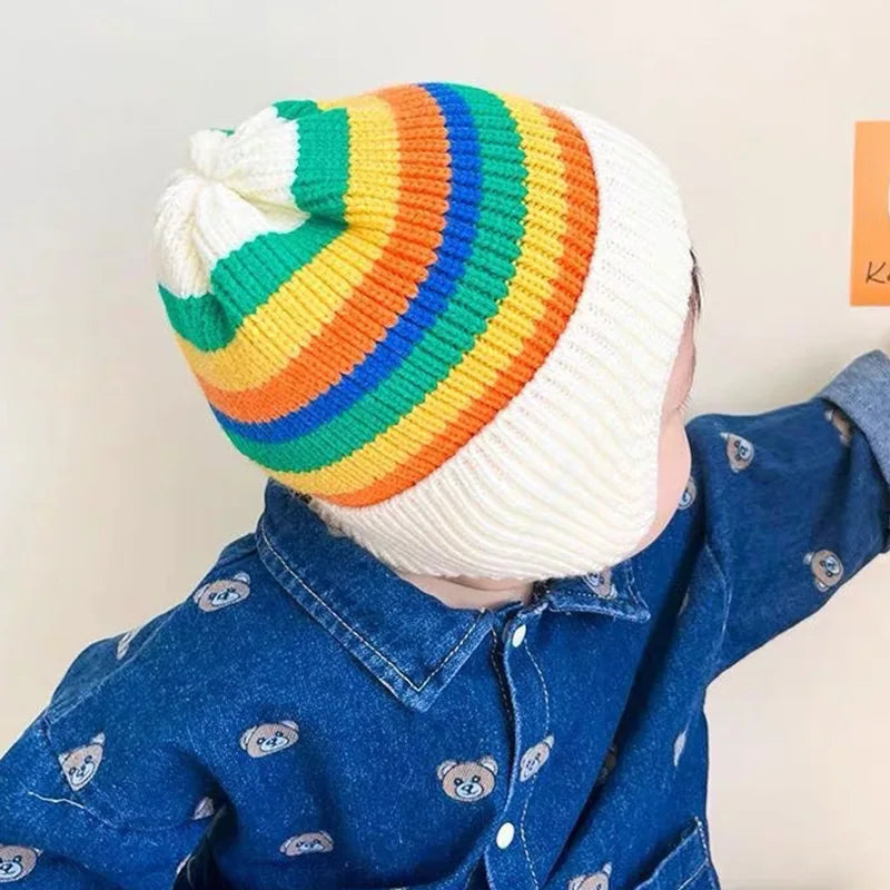 Autumn Winter Baby Hat Fashion Striped Knitted Hats for Boys Girls Toddler Infant Pullover Cap Ear Protection Kids Accessories