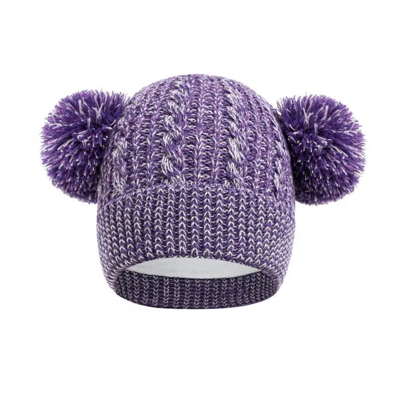 Autumn Winter Knitted Hat for Baby Boys Double Pompom Plus Velvet Beanie Girls Keep Warm Hats Kids Accessories 4-6 Years Old