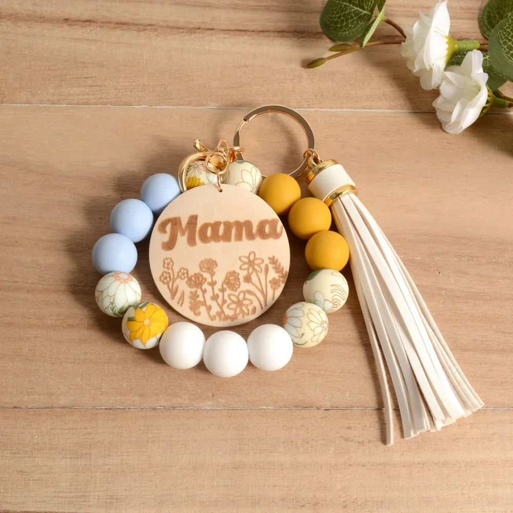 Hemasa Silicone Beads Mama Wood Disc Wristlet Keychain for Mother Day