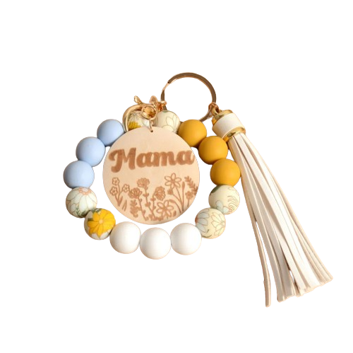 Hemasa Silicone Beads Mama Wood Disc Wristlet Keychain for Mother Day