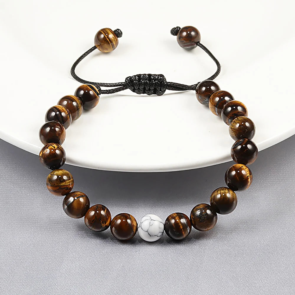 8mm Natural Stone Beads Bracelet for Women Men Handmade Lava Tiger Eye Bangle Woven Adjustable Rope Energy Healing Jewelry Gifts