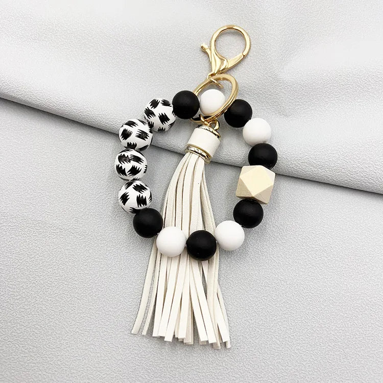 Silicone Beaded Keychain Bracelet Beaded Keychain with Tassels Women Can Hang Wallets Keychain Men's Car Keychain