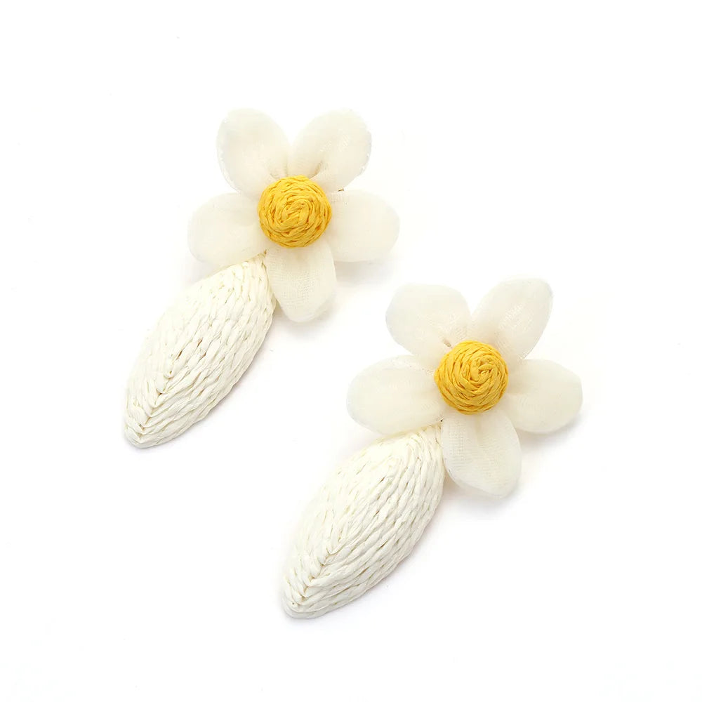 Metal Raffia Oval Resin Flower Dangle Earrings for Women New Simple Charm Design Jewellery Party Accessories