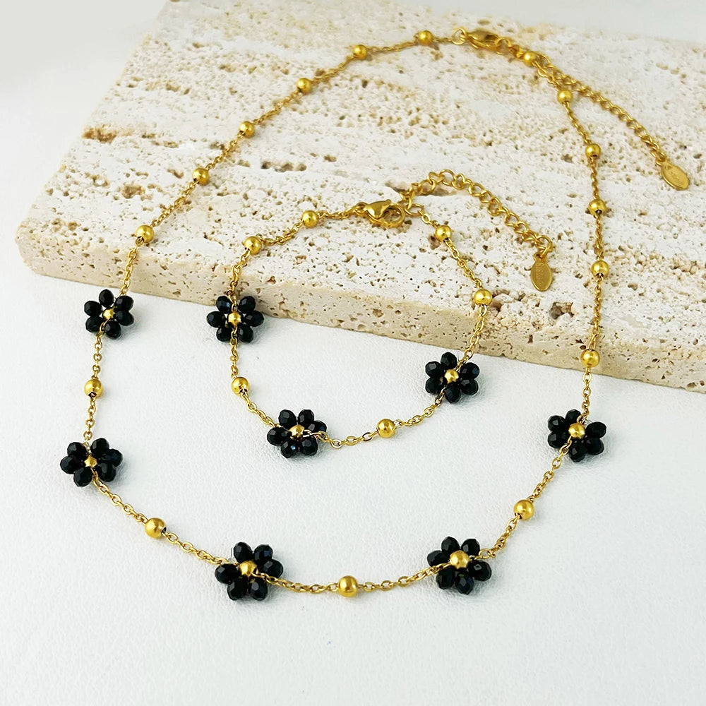 ALTERA Bohemia Handmade Black Crystal Flowers Charm Jewelry Set for Women Gold Plated Stainless Steel Beads Chain Jewelry Beach