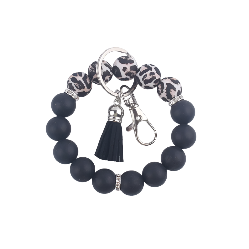 Hemasa Silicone Wrist Keychain Pendant PU Leather Small Tassel Print Leopard Print Beaded Backpack Car Keychain