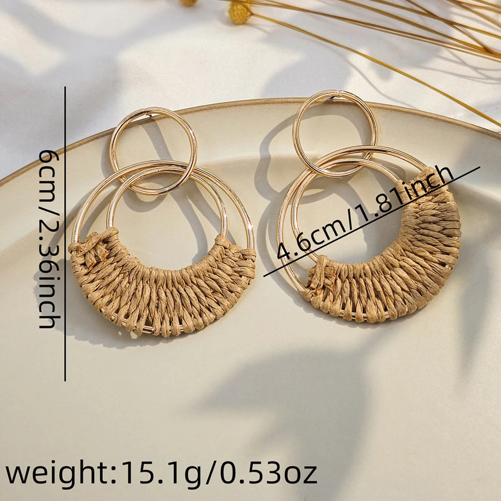 1 or 4 PAIRS Raffia Boho Hoop Earrings for Women Bohemia Summer Beach Earring Straw Wicker Rattan Dangle Round Drop Earrings