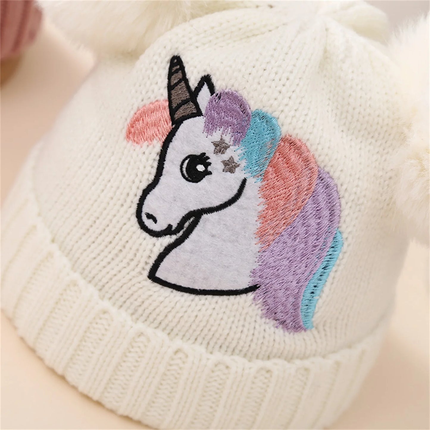 Pudcoco Kid Girls Knit Beanie, Soft Lightweight Embroidery Horse Winter Cap Toddler Beanie with Plush Balls 1-4T