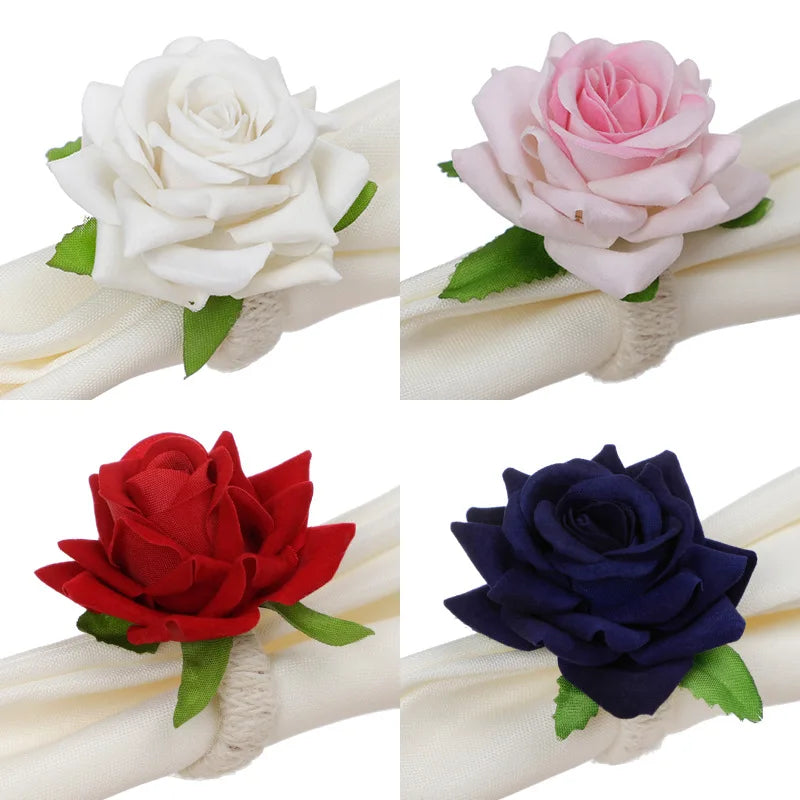 6pcs Artificial rose flower Napkin Ring Buckle Tissue Ring Holders for Home Restaurant Wedding Valentine's DayTable Decor
