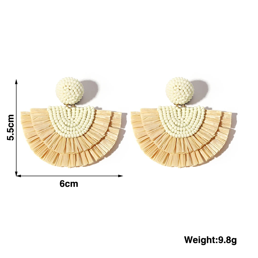 AENSOA Handmade Seed Beaded Raffia Fan Drop Earrings for Women Bohemian Rattan Knit Large Earrings Summer Holiday Jewelry Gifts