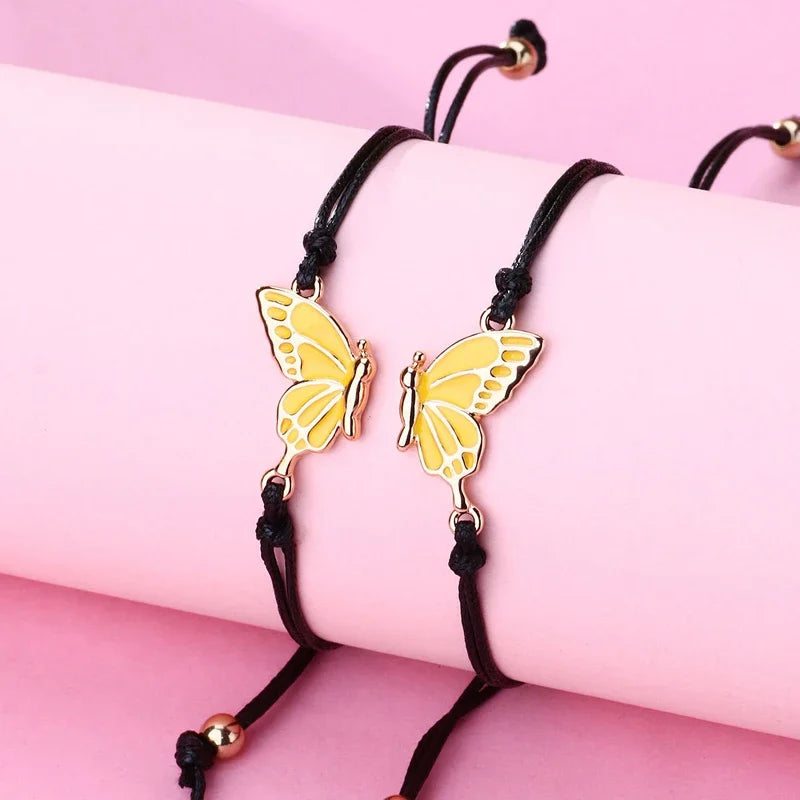 Lovecryst 2pcs/set Drip oil Couples Bracelets best friend Butterfly Bracelet Adjustable BFF Friendship Jewelry Gifts For Kids