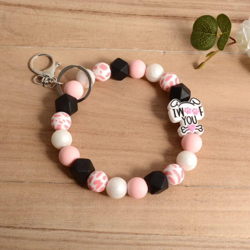 Personalized Bangle Silicone Bead stethoscope Stretch Wristlet bracelet Keychain with Keyring Gift for Teacher Mom Nurse Gift