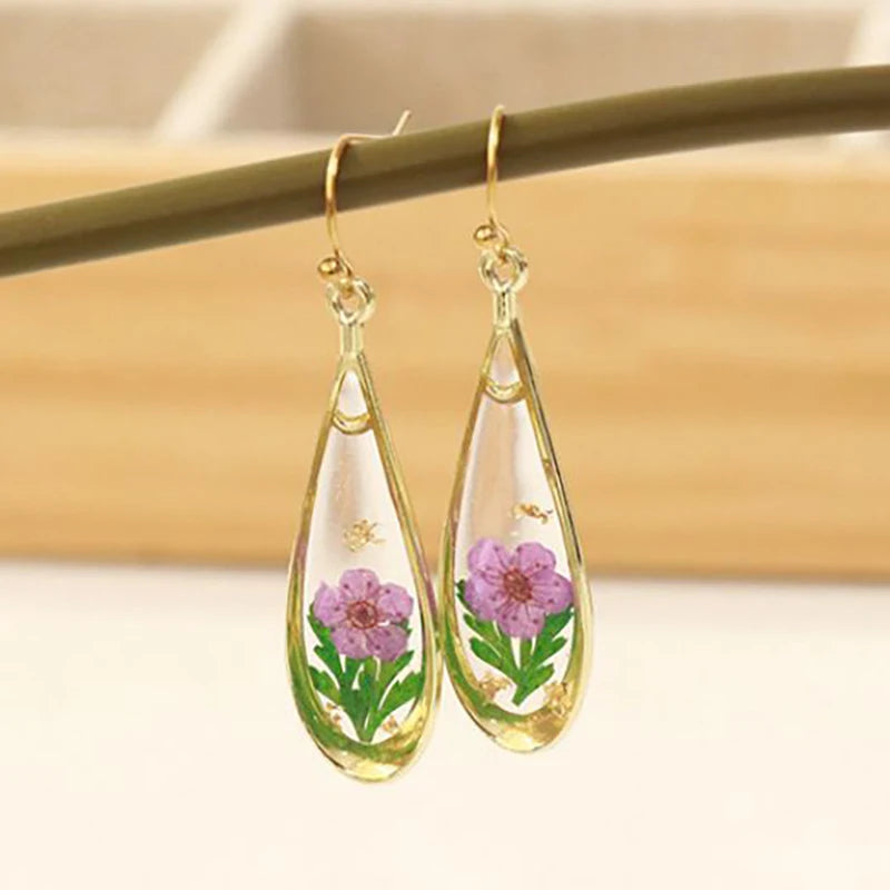 Natural Flower Drop Earrings Unique Epoxy Resin Flowers Earrings Women Elegant Pressed Flowers Drop Earrings Statement Jewelry