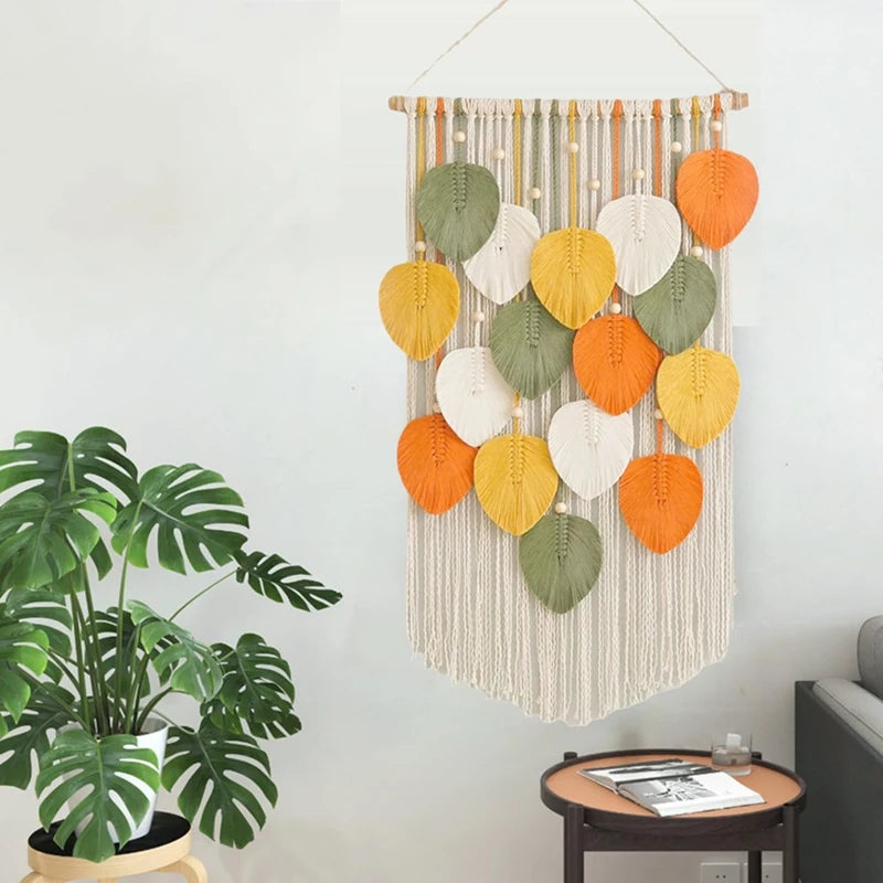 Macrame Tapestry Wall Hanging - Hand Woven Boho Tapestry Fall Leaves Wall Decor, For Bedroom Living Room Dorm