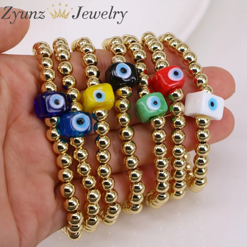 5PCS, Turkish Evil Eye Bracelet Sets Colorful Square Lampwork Bead Eyes Lucky Couple male Bracelets for Women Charm Jewelry