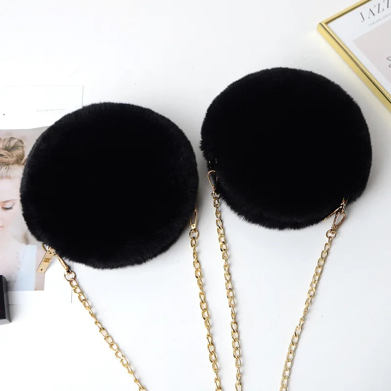 Hemasa Women's Round Shaped Handbags Cute Kawaii Faux Fur Crossbody Bags /Wallet/ Purse /Chain Shoulder Bag