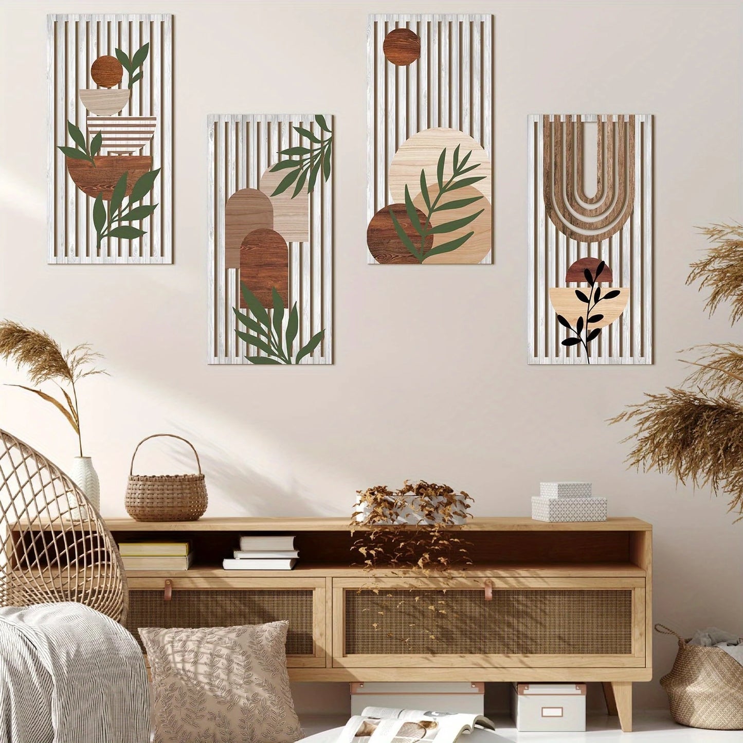 Hemasa 40cmBoho style 4pcs 2D Flat Wooden Wall Art Abstract Geometry Sun Rainbow Pattern Suitable Living Room Bedroom Office Decoration