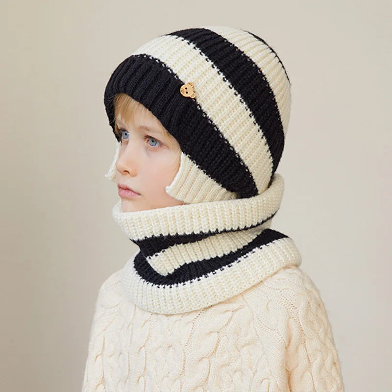 2Pcs Winter Children Hat Scarf Set Simple Striped Knitted Beanie Outdoor Skiing Kids Hat Boy Girl Ear Protection Pullover Bonnet