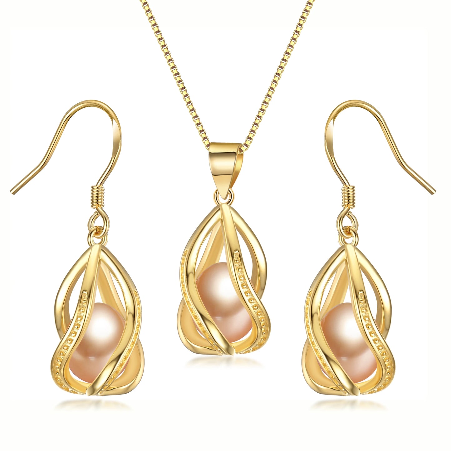 YWYC Gold Color Chain Pendant Necklace 8-9mm Natural Freshwater Pearl in Cage Pendant & Drop Earrings Jewelry Set for Women