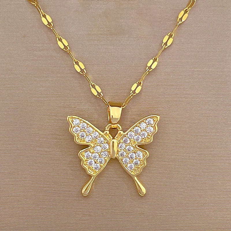 OIMG 316L Stainless Steel Gold Plated Charm Rhinestone Butterfly Pendant Neckalce For Women Girls Wedding Party Elegant Jewelry