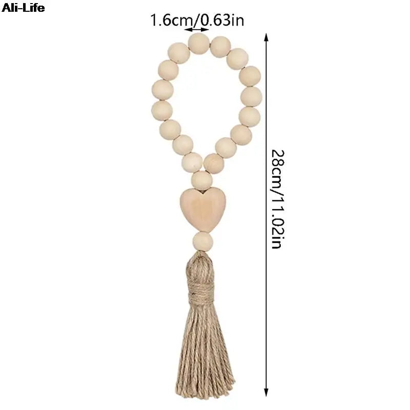 1Pc Log Color Wood Bead Garland Rustic Wall Hanging Hemp Rope Tassel Beaded with Heart Knot Woven Pendant Home Decoration