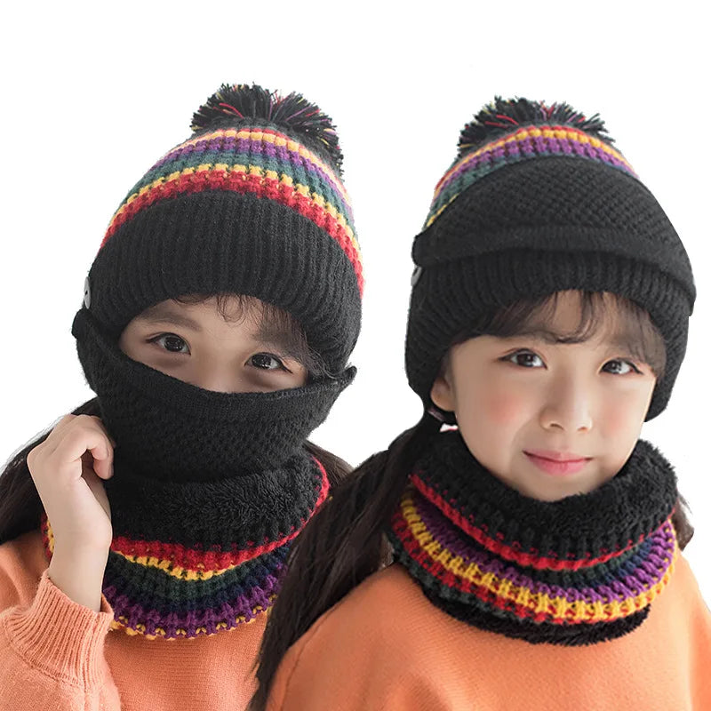 3-10 Years Old Fleece Lined Winter Hats for Girls Knit Beanie Cap Scarf Mask Set Warm Soft Slouchy Skull Cap Snood with Pom Pom