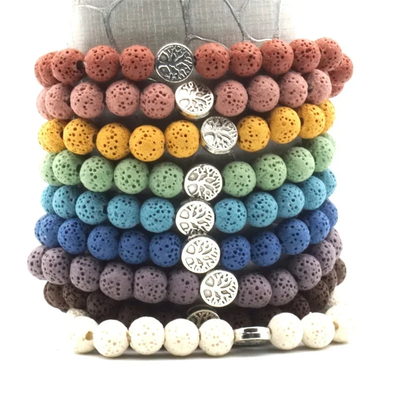 Hemasa Tree of Life 8mm Colorful Black Lava Stone Beads Aromatherapy Essential Oil Diffuser Bracelet