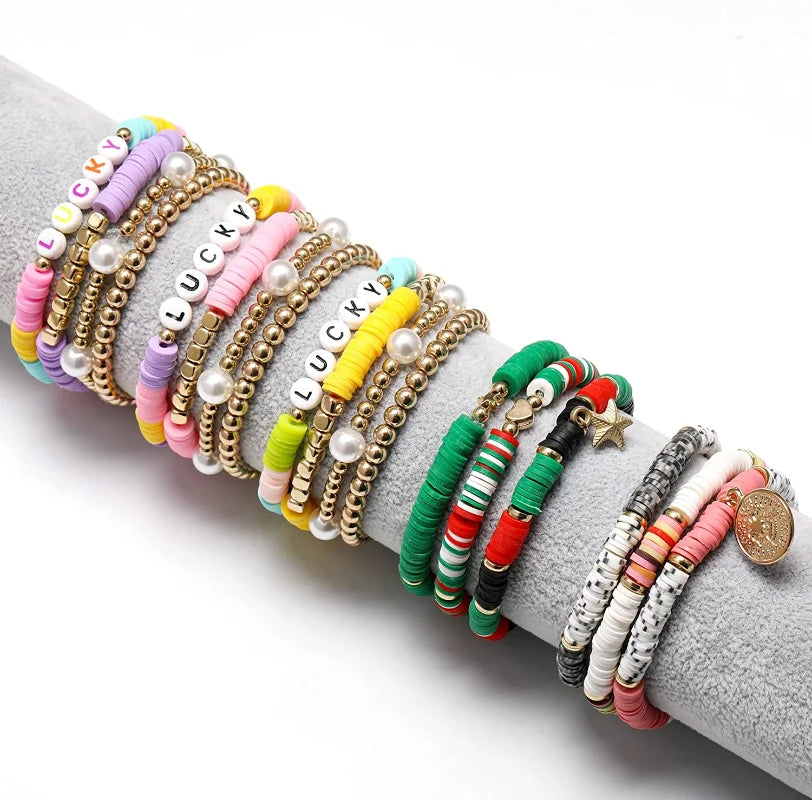 4Pcs/set Trendy Lucky Letter Charm Pearl Bracelets Set Femme Wristband Jewelry Heishi Disc Beads Multilayer Bracelet For Women
