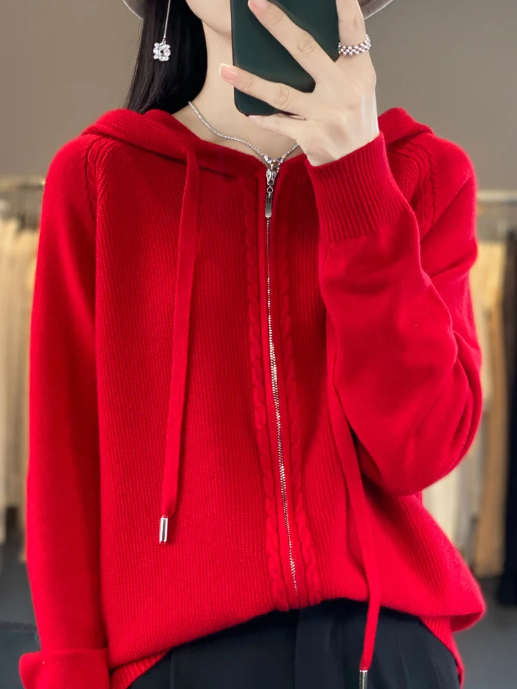 Hemasa Spring/Summer Hooded Cardigan Women's Knitted Top Loose Sweater Casual Color Double Zipper Cardigan Top