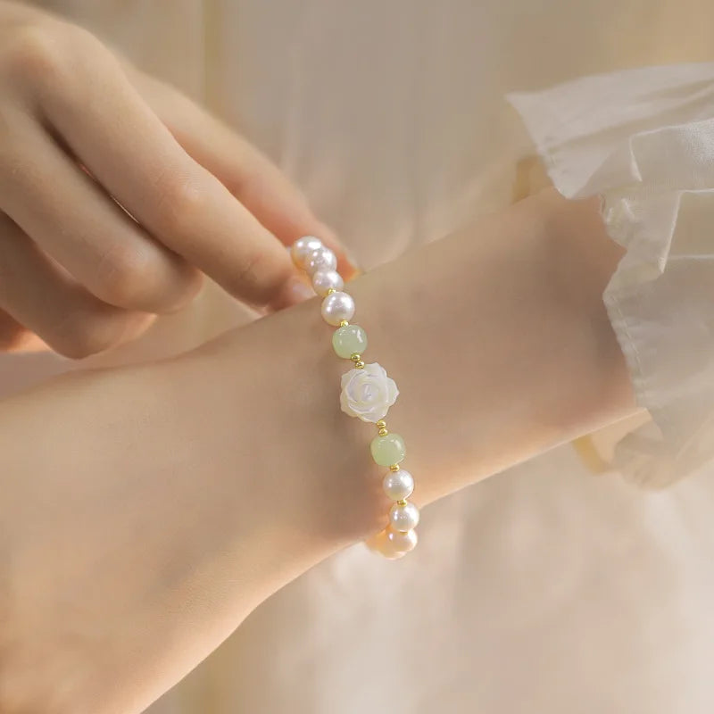 925 Sterling Silver Rose Bracelet for Women Summer Versatile Flower Pearl Bracelet Hand Jewelry Fashion Gifts