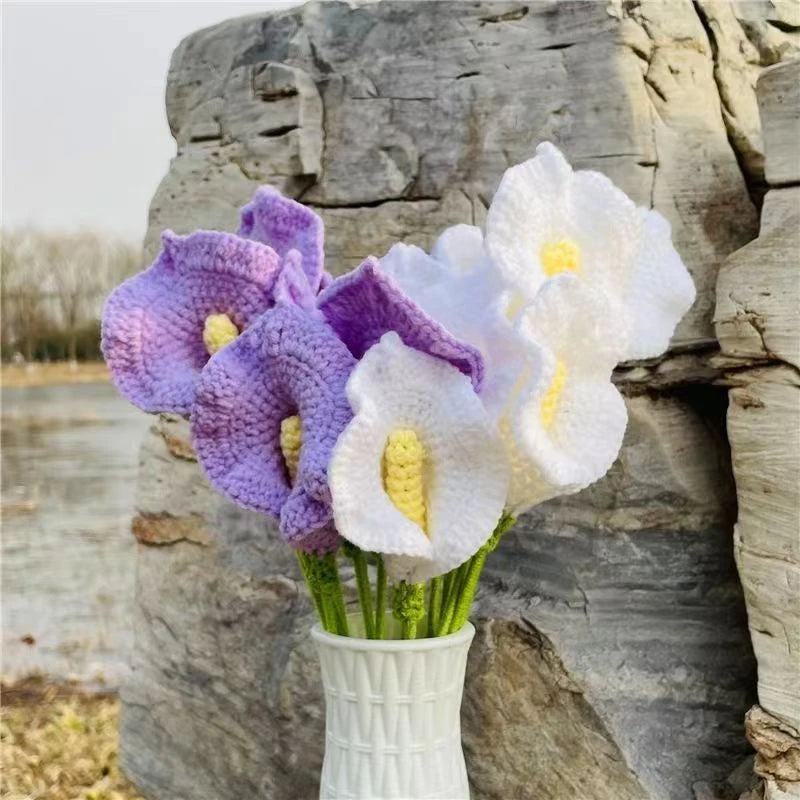 Hemasa  4Pcs Handmade Crochet Flowers Hand-knitted Calla Lily Artificial Flower Fake Flower Bouquet Wedding Decoration Home Decor