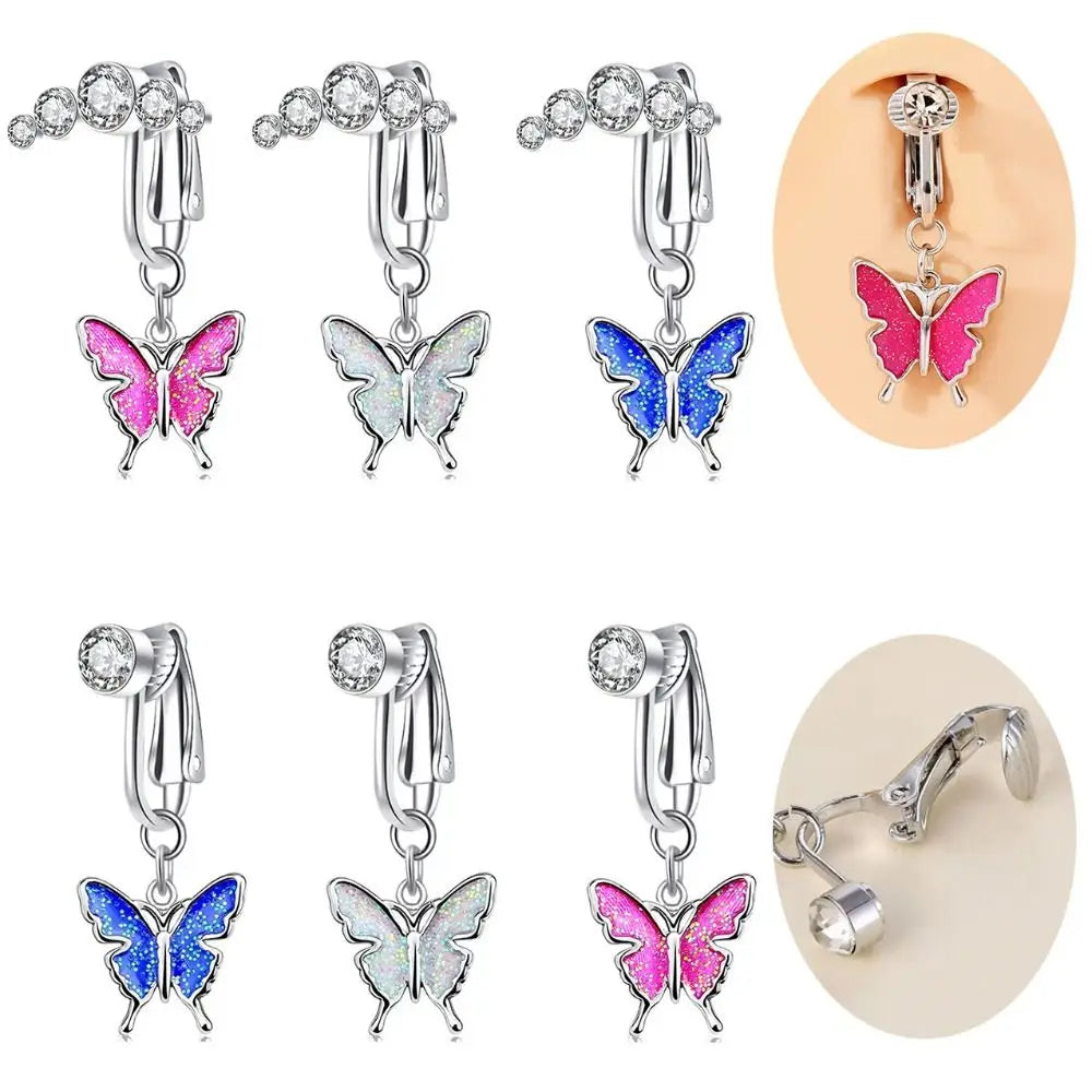 Rhinestone Zircon Fake Belly Piercing Clip Belly Ring Copper No Piercing Geometric Butterfly Female