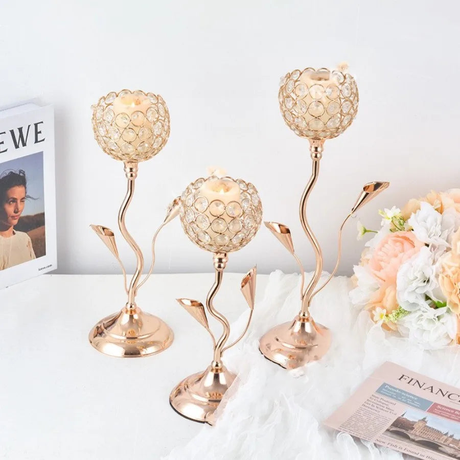 Hemasa Gold Crystal Candle Holder/Iron Flower Shaped Candlestick Small Vintage Candlestick Set for Table Center piece Wedding Birthday