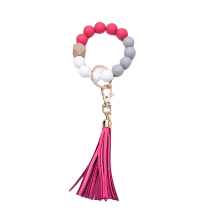 Tassel Wood Silicone Bead Bracelet Key Chain Female Women Hot Selling Bracelet Key Ring Wrist Bangle Keychains Accessory