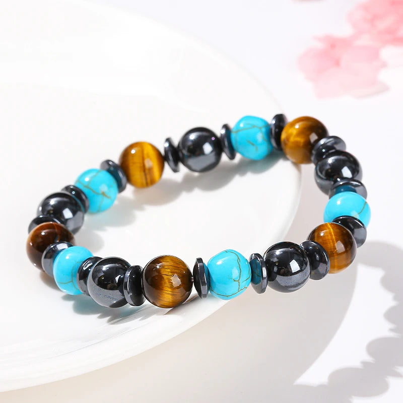 JD Natural Stone Yellow Tiger Eye Black Hematite Stone Turquoise Mixed Design Strand Bracelet Women Men Reiki Energy Party Gift