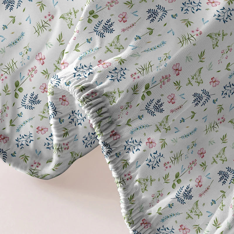 Hemasa White modern Plant Flower printed matte Fitted Sheet, bedroom printed bed cover, bedding (excluding pillowcases)