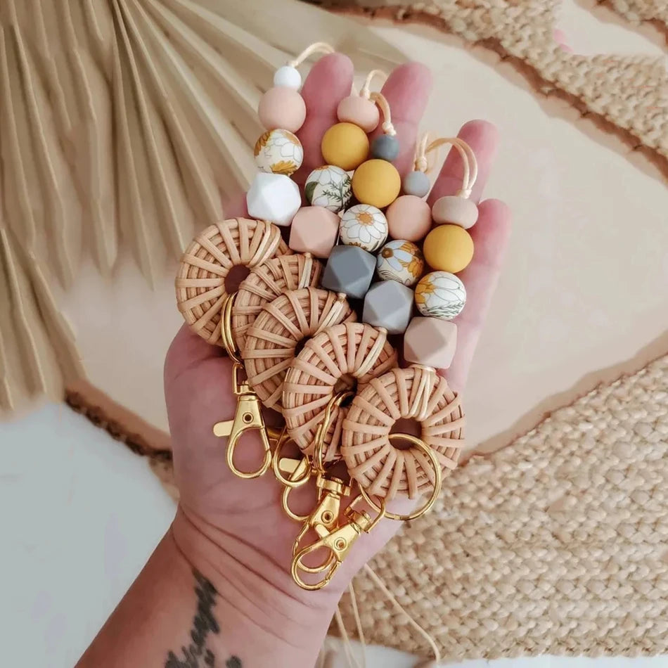 Hemasa Silicone Bead with  Rattan Badge Lanyard  /  Necklace Pendant Teacher Charm Lanyard