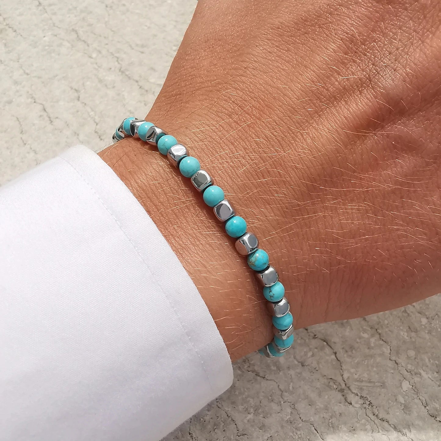Runda Men's Bracelet Natural Stone Turquoise 4mm with Stainless Steel Adjustable Size 22cm Fashion Charm Bead Bracelet
