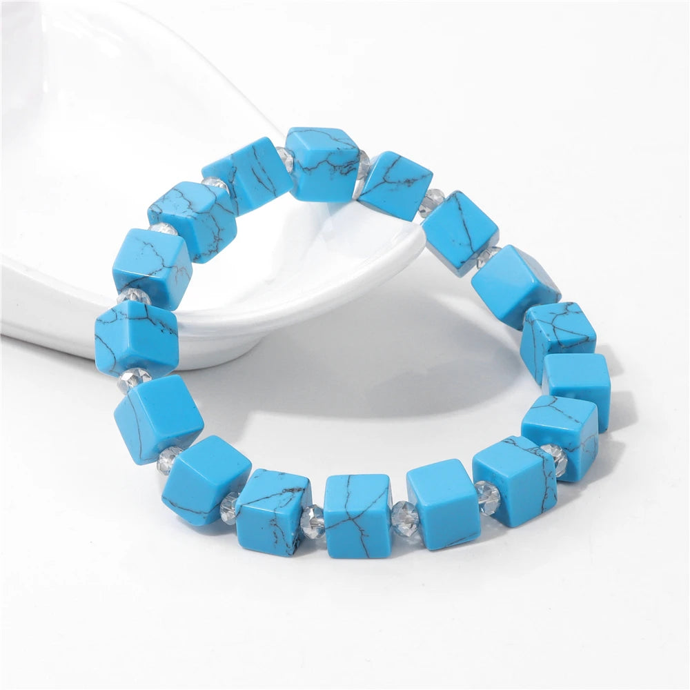 Natural Stone 8mm Square Cube Beads Bracelet Opal Turquoises Imperial Stone Barcelets for Women Men Elastic Bracelet Bangle Gift