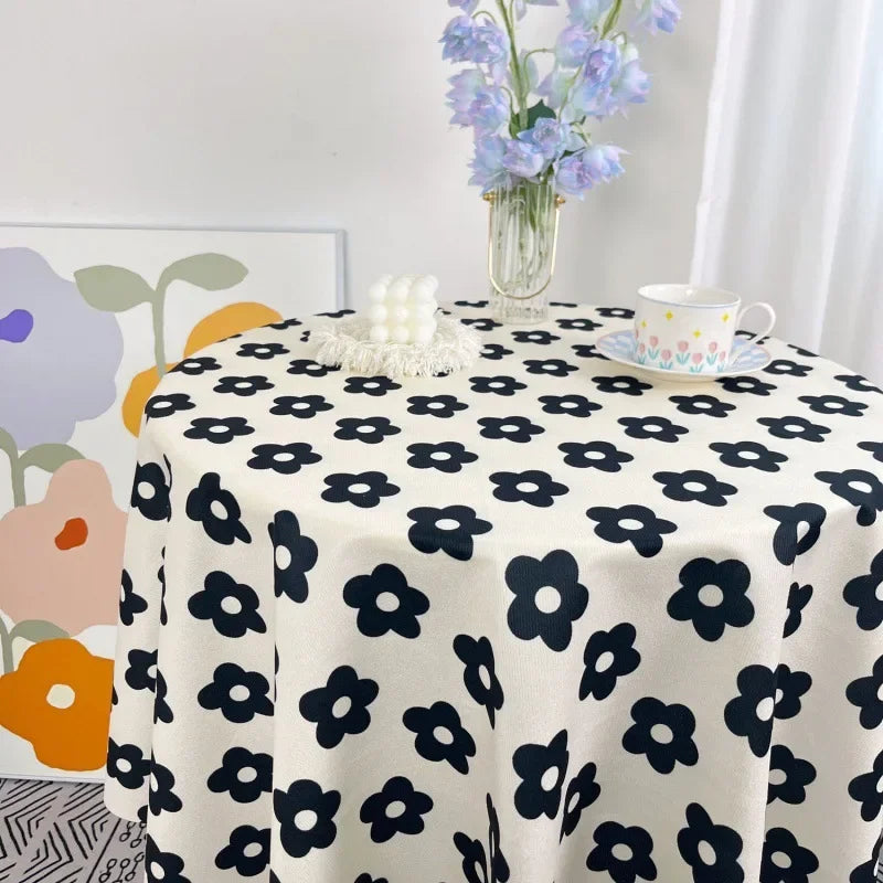 Korean Style Round Lattice Flower Tablecloth Floral Table Cloth for Dining Table Tea Coffee Table Cover Picnic Kitchen Decor