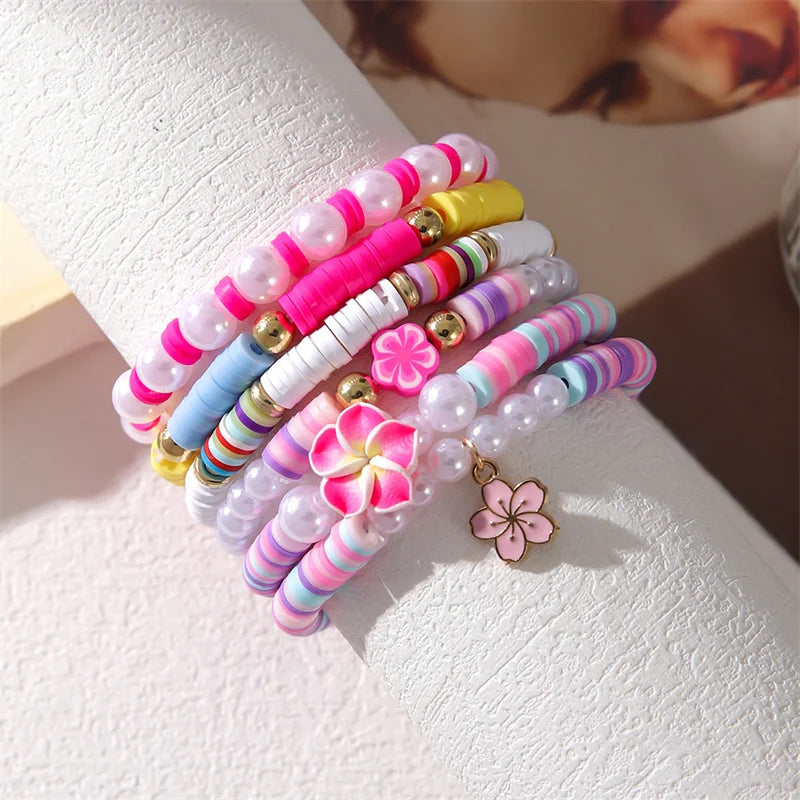 Hemasa Bohemian Colorful Polymer Clay Beaded Bracelets for Women /Pretty Flowers Shell Adjuatble Tassel Jewelry