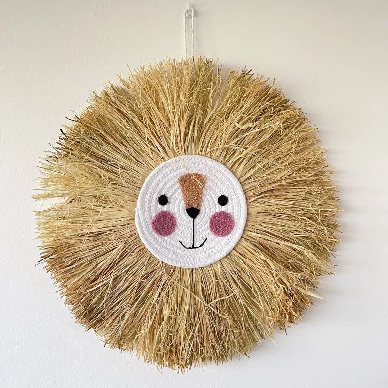 New Nordic Lion Head Hanging Decorations Cotton Thread Raffia Animal Head Ornament for Nursery Room Children Room Baby Kids Room