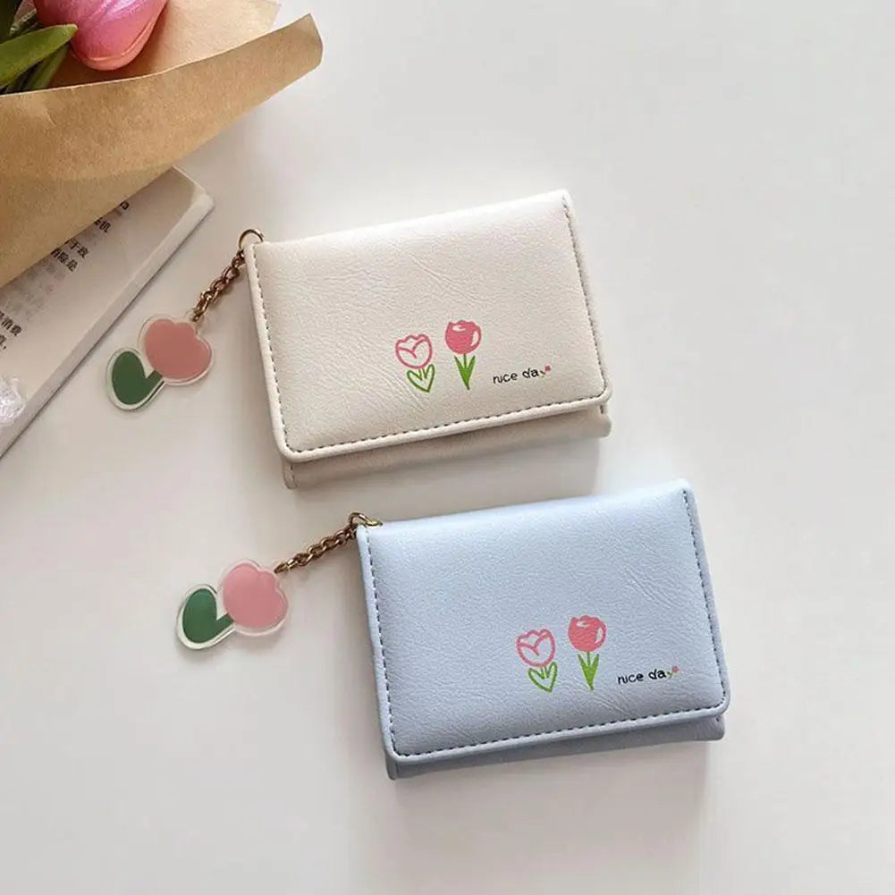 Small Wallet Tulip Short Wallet Student Triple Fold Card Holder Girl ID Bag Coin Purse Cute Wallets for Women Change Storage